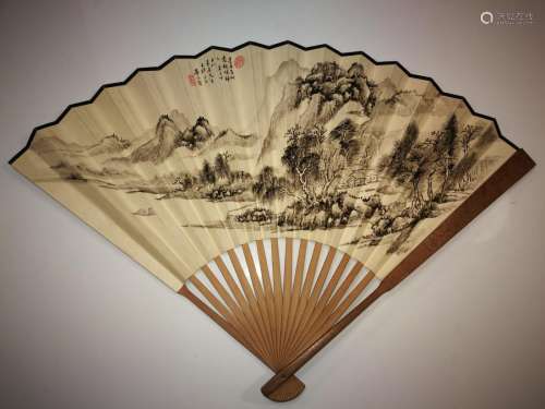 Old Chinese Fan with Painting and Calligraphy
