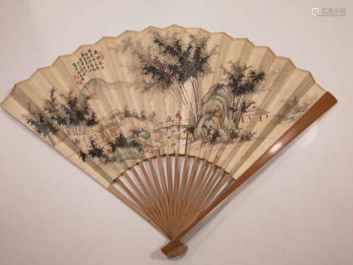 Old Chinese Fan with Painting and Calligraphy
