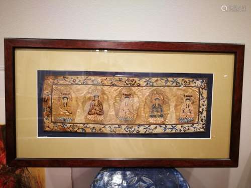 Antique Chinese Embroidery Five Buddha Figure