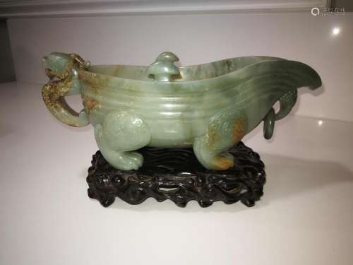 Antique Chinese Celadon Jade Cup with Wood Stand