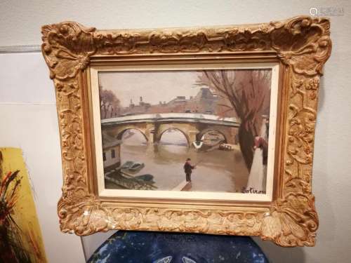 Oil Painting Fisherman On The Seine Signed R. Lotiron