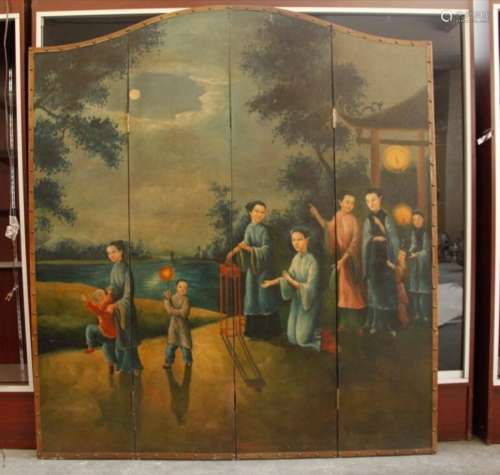 Old Four Chinese Oil Painting Screen Panels