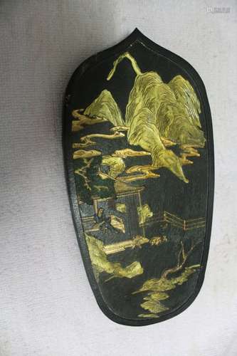 A BLACK WOOD LANDSCAPE PLAQUE