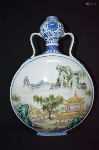 A FAMILLE ROSE MOON FLASK VASE, QIANLONG SIX-CHARA