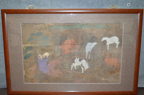 A PAINTING OF LAMBS AND CHILDREN, FRAMED
