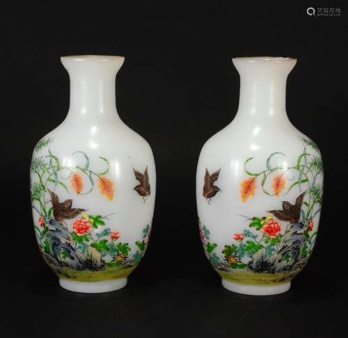 A PAIR OF PAINTED ENAMEL VASE