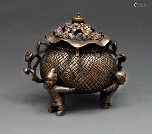 A BRONZE MONEY-BAG-FORM TRIPOD CENSER