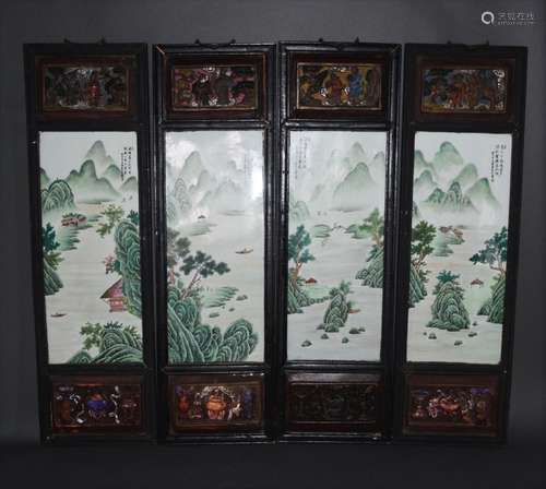 FOUR FAMILLE ROSE PORCELAIN PLAQUES OF FIGURES, MA