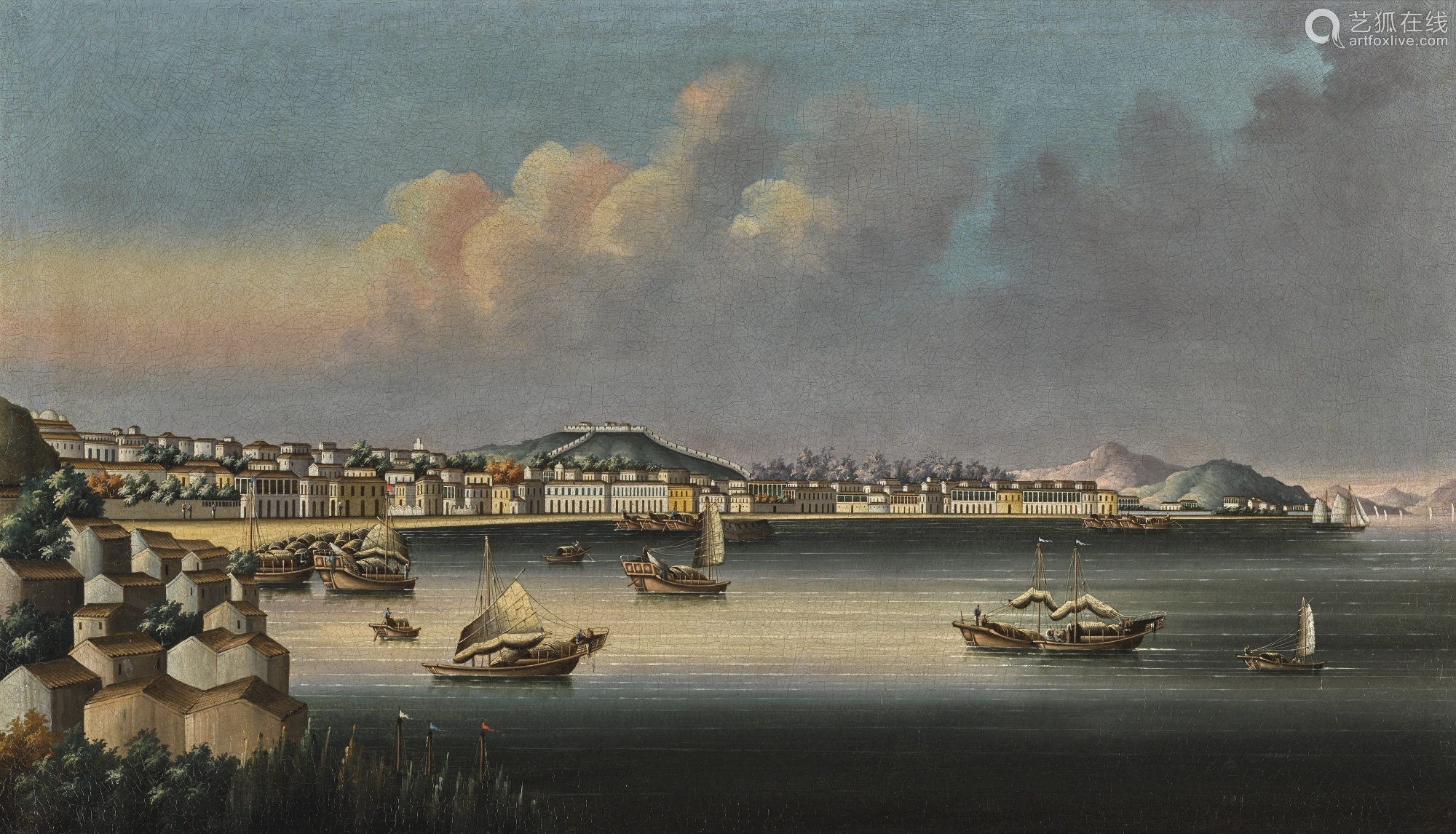 清 约1850年 澳门南湾远景 油彩 装框