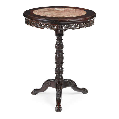 HUALI WOOD AND MARBLE TRIPOD TABLE