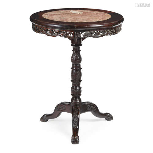HUALI WOOD AND MARBLE TRIPOD TABLE
