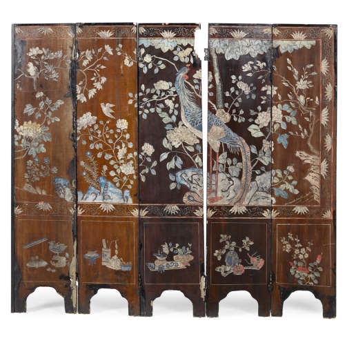 POLYCHROME CARVED AND PAINTED FIVE-PANEL COROMANDEL SCREEN