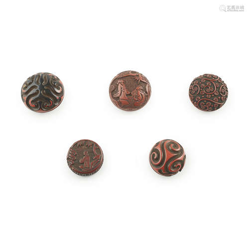 COLLECTION OF FIVE CINNABAR LACQUER MANJU NETSUKE