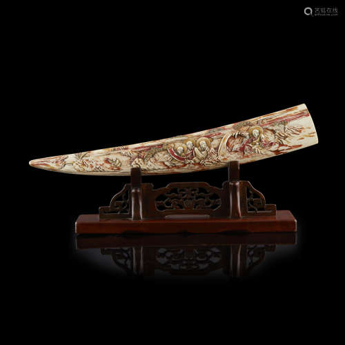 Y CARVED, STAINED AND GILT IVORY TUSK