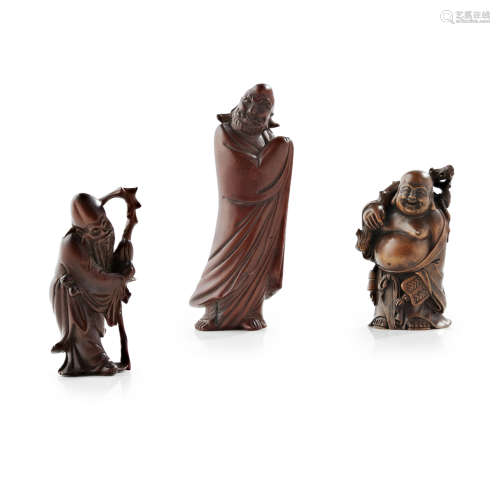 THREE CARVED WOOD FIGURES OF IMMORTALS