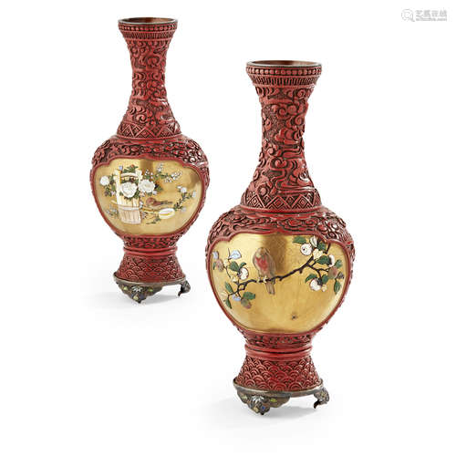 Y PAIR OF SHIBAYAMA-INLAID TSUISHU (CINNABAR LACQUER) VASES