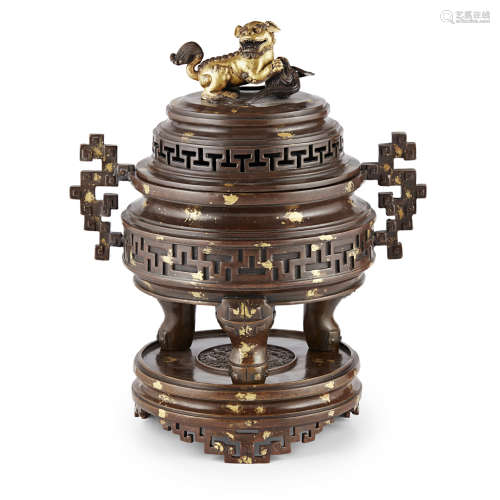 ARCHAISTIC GOLD-SPLASHED BRONZE TRIPOD CENSER AND STAND