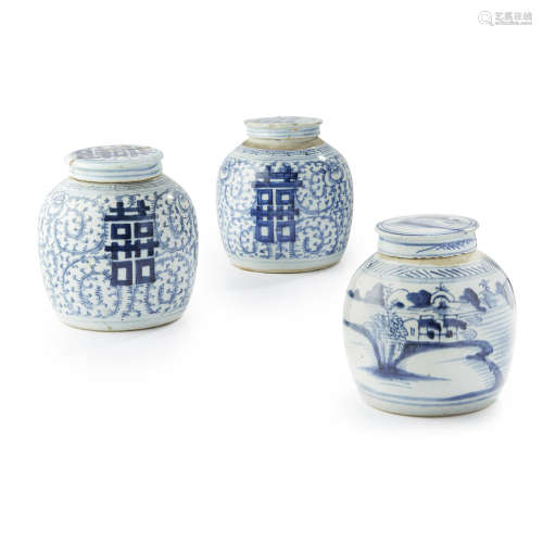 PAIR OF BLUE AND WHITE GINGER JARS AND COVERS