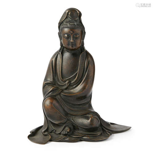 SILVER-INLAID BRONZE FIGURE OF SEATED GUANYIN