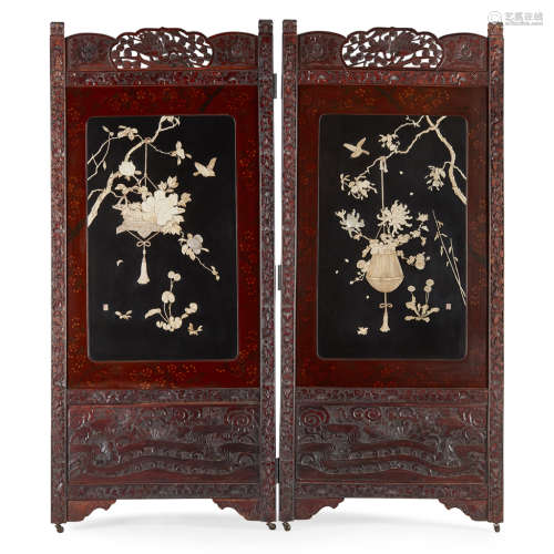 Y LACQUERED WOOD IVORY INLAID TWO-FOLD SCREEN