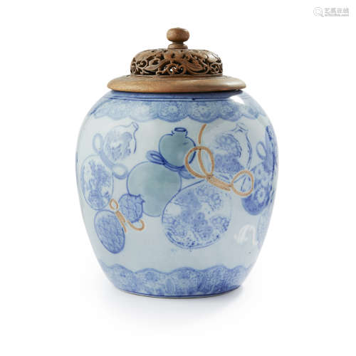 BLUE GLAZED GINGER JAR AND WOOD COVER