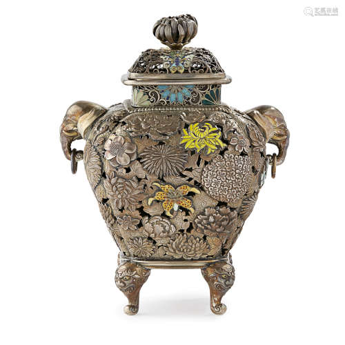 SILVER AND CLOISONNÉ ENAMEL 'MILLEFLEUR' CENSER AND COVER