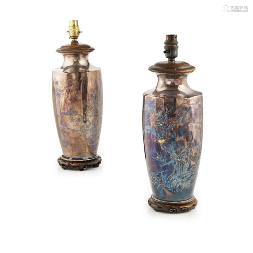 PAIR OF SILVERED BRONZE VASES CONVERTED TO LAMPS