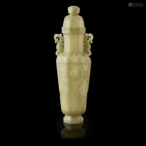 CELADON JADE OCTAGONAL VASE AND COVER