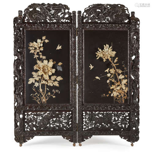 Y LACQUERED WOOD, IVORY AND SHIBAYAMA INLAID TWO-PANEL SCREEN