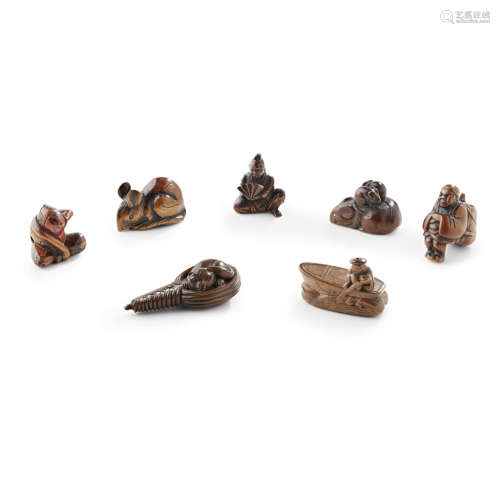 GROUP OF SEVEN CARVED WOOD NETSUKE