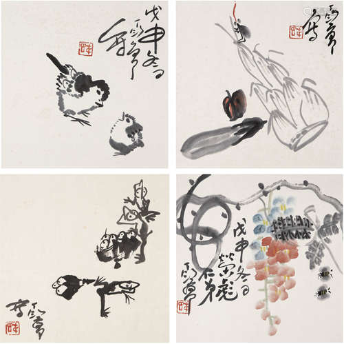 丁衍庸（1902～1978） 闲情小品 镜片 四屏 纸本