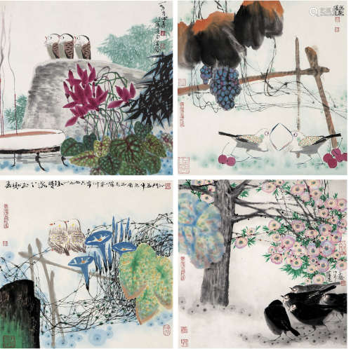 薛亮（b.1956） 花卉 镜片 四屏 纸本