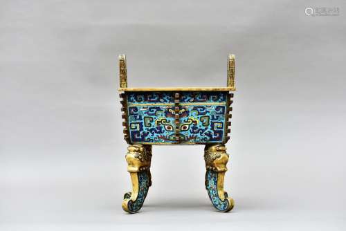 A SUPERB CLOISONNE ENAMEL ARCHAISTIC CENSER AND COVER, FANGDING, 18th CENTURY