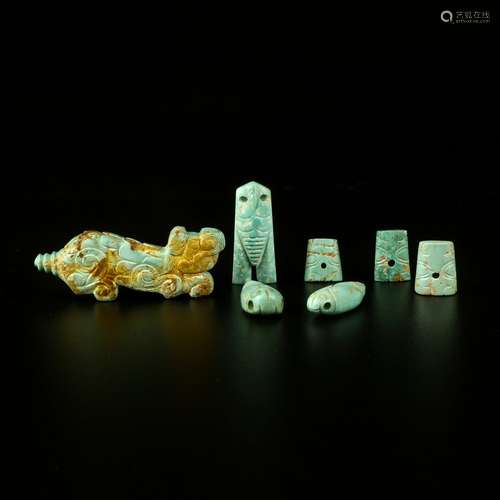 7 Piece Carved Old Turquoise