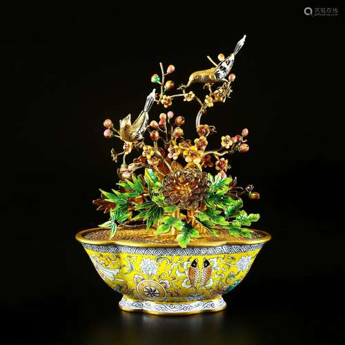 Gilt Silver Enamel Cloisonne Basket With Flower & Bird