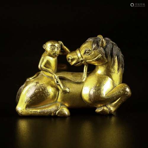 A Gilt Bronze Figure Of Horse And Monkey