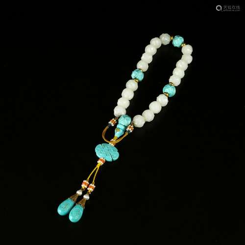 18 Beads Carved White Jade and Turquoise Bracelet