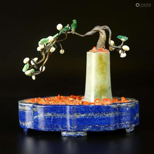 Jade Jadeite Pearl and Coral Tree in Blue Stone Planter