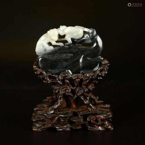 Carved White and Black Jade on Wood Stand