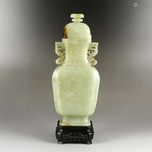 Carved White Jade Vase With Cover And Two Handles