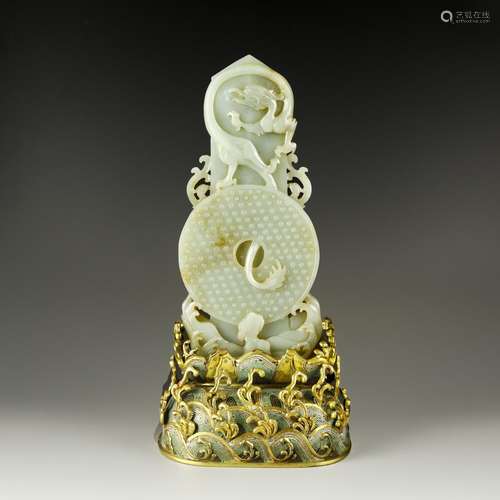 Carved White Jade on Bronze Cloisonne Base