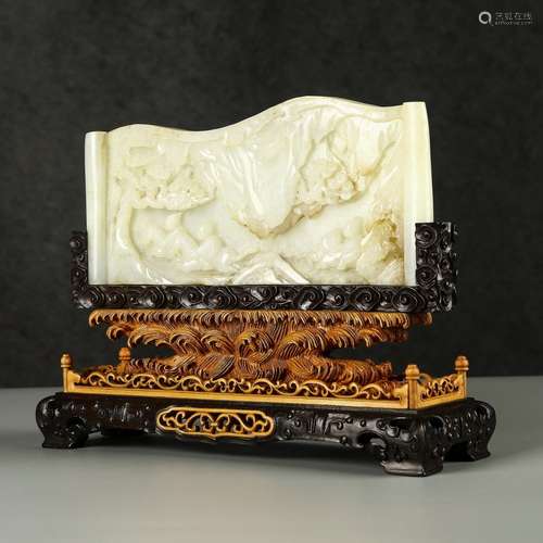 Carved white jade table screen with wood stand