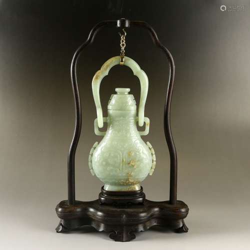 Carved White Jade Vase with Wood Stand