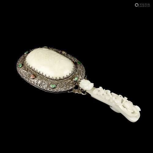 Silver, White Jade Hand Mirror with Inlay stones