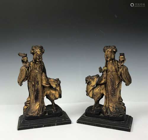 Pair Of Carved Wood Sheep Herders with Gold Paint