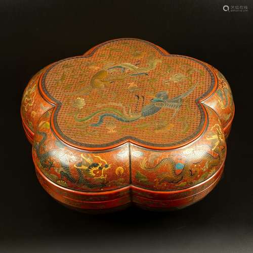 Flower Shaped Cinnabar Box with Painted Dragons