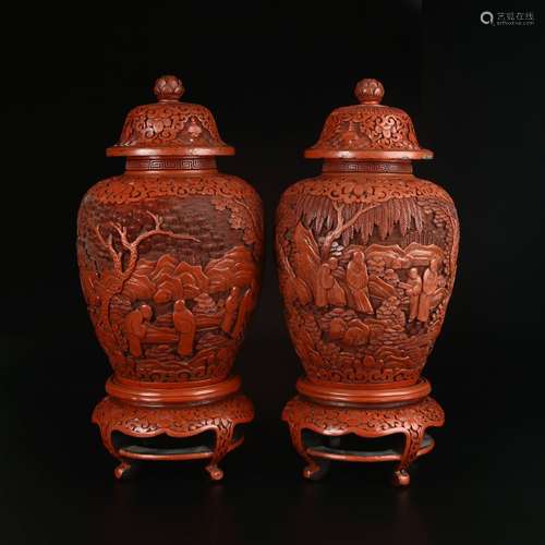 Large Pair Of  Cinnabar Jars With Lids