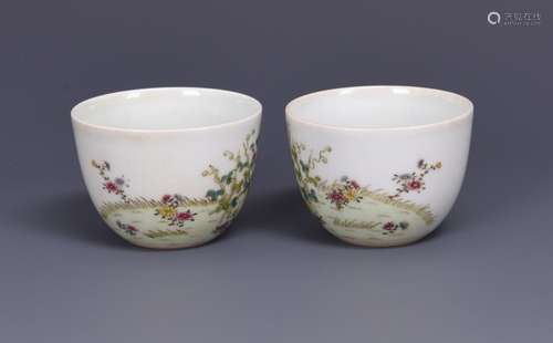 A Pair Of Famille Rose Porcelain Cups with Mark