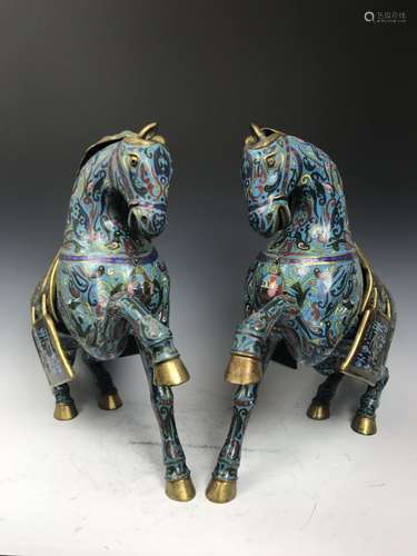 Pair Cloisonne Bronze Horses