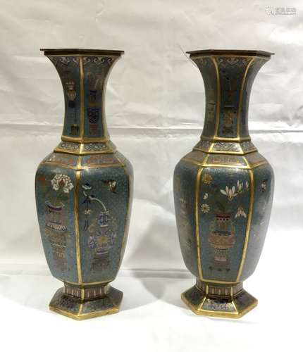 Pair of Hexagon Shaped Cloisonne and Gilt Vases